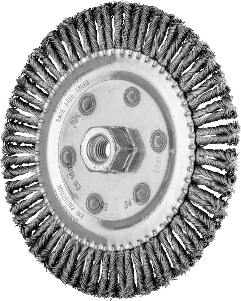 Runde Drahtbürste mit Metallborsten und zentraler Mutter zur Befestigung an Werkzeugen, verwendet zum Entfernen von Rost oder Farbe.