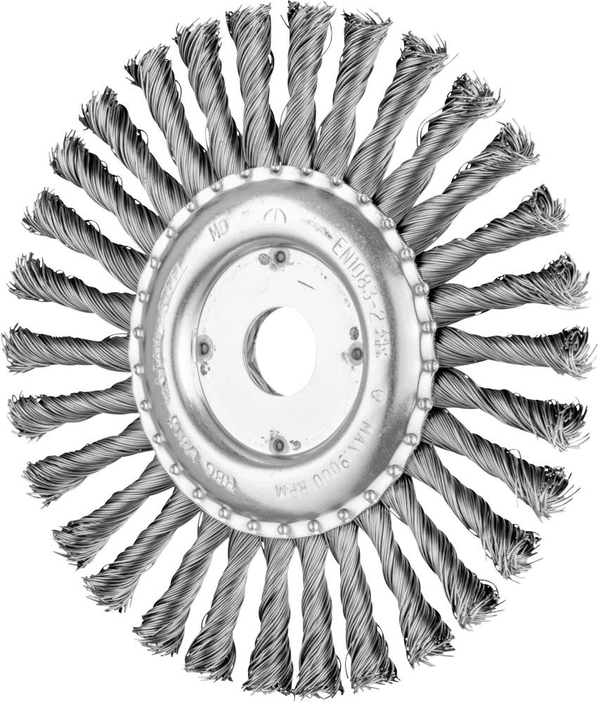 Ein kreisförmiger Drahtbürstenaufsatz mit verdrehten Borsten, vermutlich für die Reinigung oder Oberflächenbearbeitung.