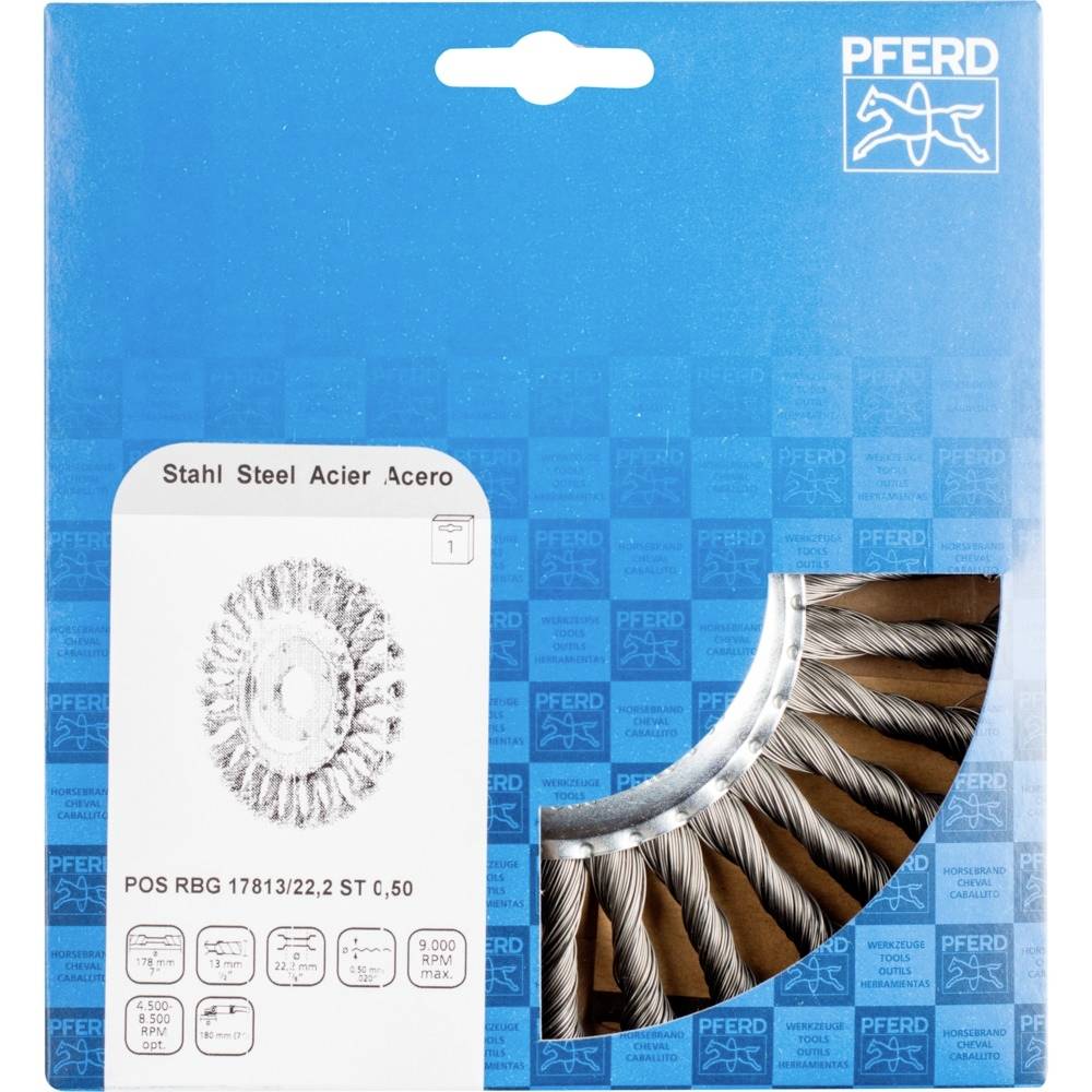 PFERD Drahtbürste aus Stahl, gewellt, für Winkel- und Oberflächenbearbeitung. Verpackung mit Produktspezifikationen und Symbolen.