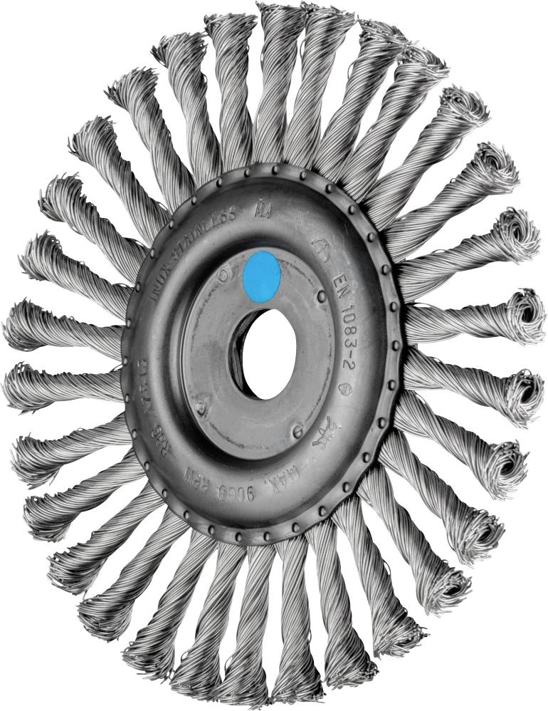 Drahtbürstenscheibe mit verdrillten Stahldrähten und mittigem Loch, umgeben von einem Metallring zur Befestigung an Maschinen.