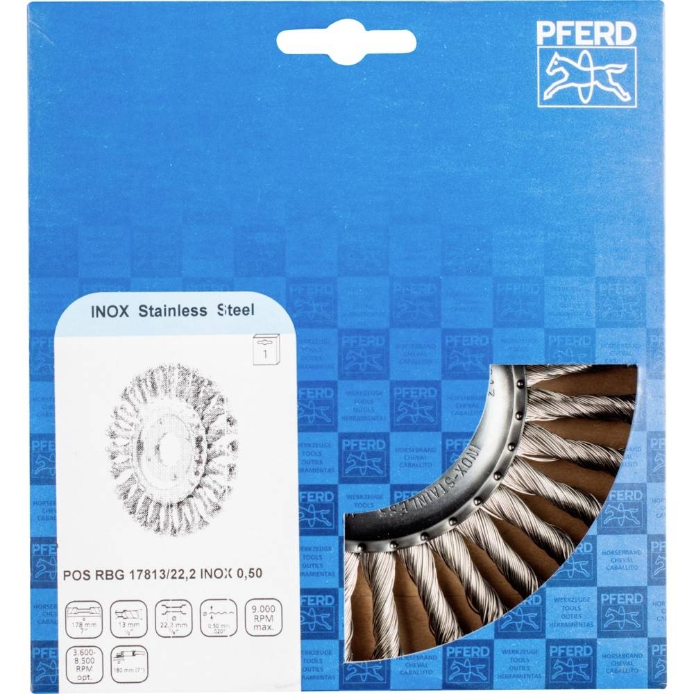 'PFERD INOX Stainless Steel' Produktverpackung einer Drahtbürste, mit dem Logo im Hintergrund.
