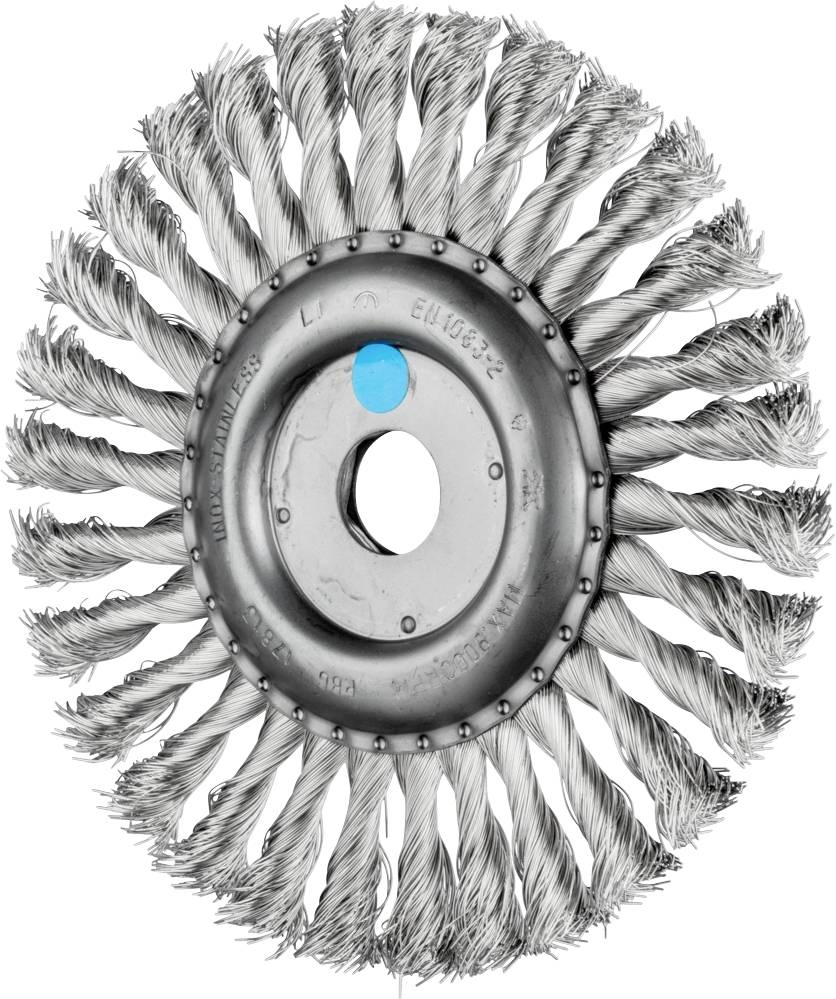 Metallbürstenkopf mit geflochtenen Borsten, zentral montiert, zum Reinigen oder Entrosten von Oberflächen.