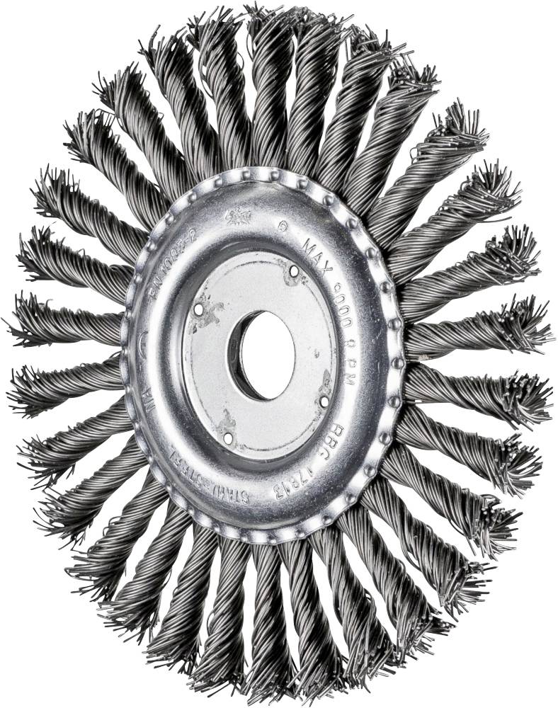 Eine runde Drahtbürste mit verdrillten Drahtborsten zur Reinigung von Metalloberflächen.