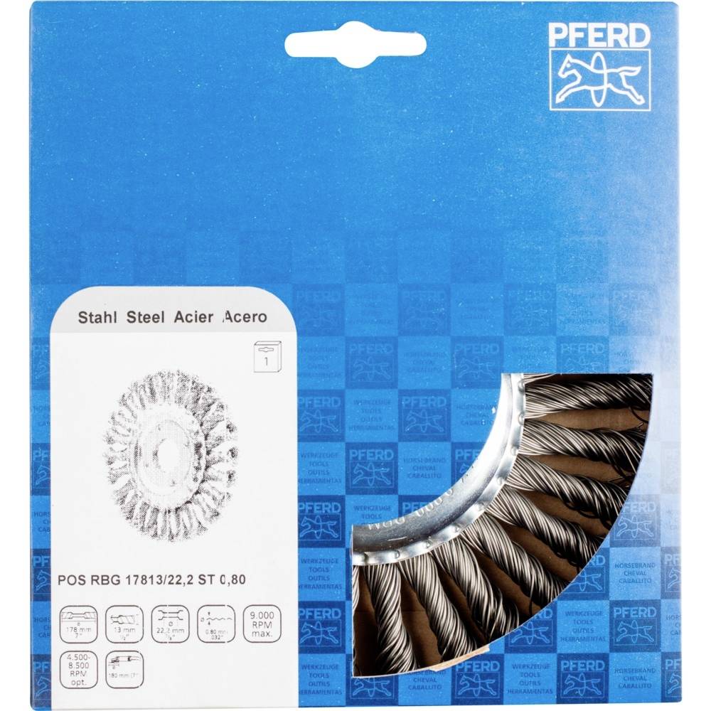 PFERD Rundbürste aus Stahl, Produktverpackung mit Bild der Bürste, für Reinigung und Entgraten, Details zur Größe und Material.