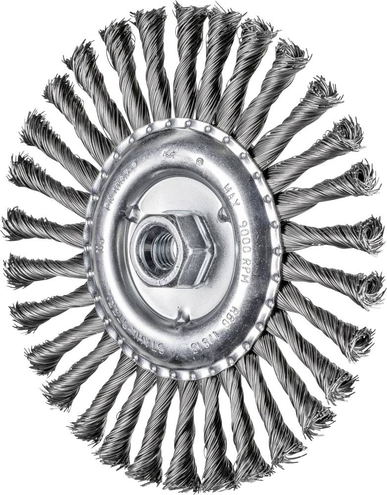 Runde Drahtbürste mit verdrehten Borsten aus Metall, geeignet für die Entfernung von Rost oder Farbe auf Metalloberflächen.