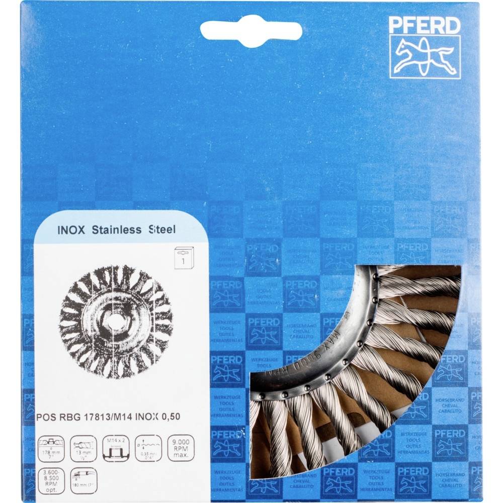 Verpackung einer Edelstahl-Bürstenscheibe von PFERD, Modellspezifikationen und Produktabbildung auf blauem Hintergrund.