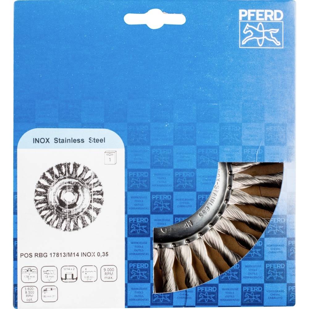 Verpackung einer Edelstahl-Bürstenscheibe von PFERD für den Einsatz auf Winkelschleifern, geeignet für die Bearbeitung von Stahl.