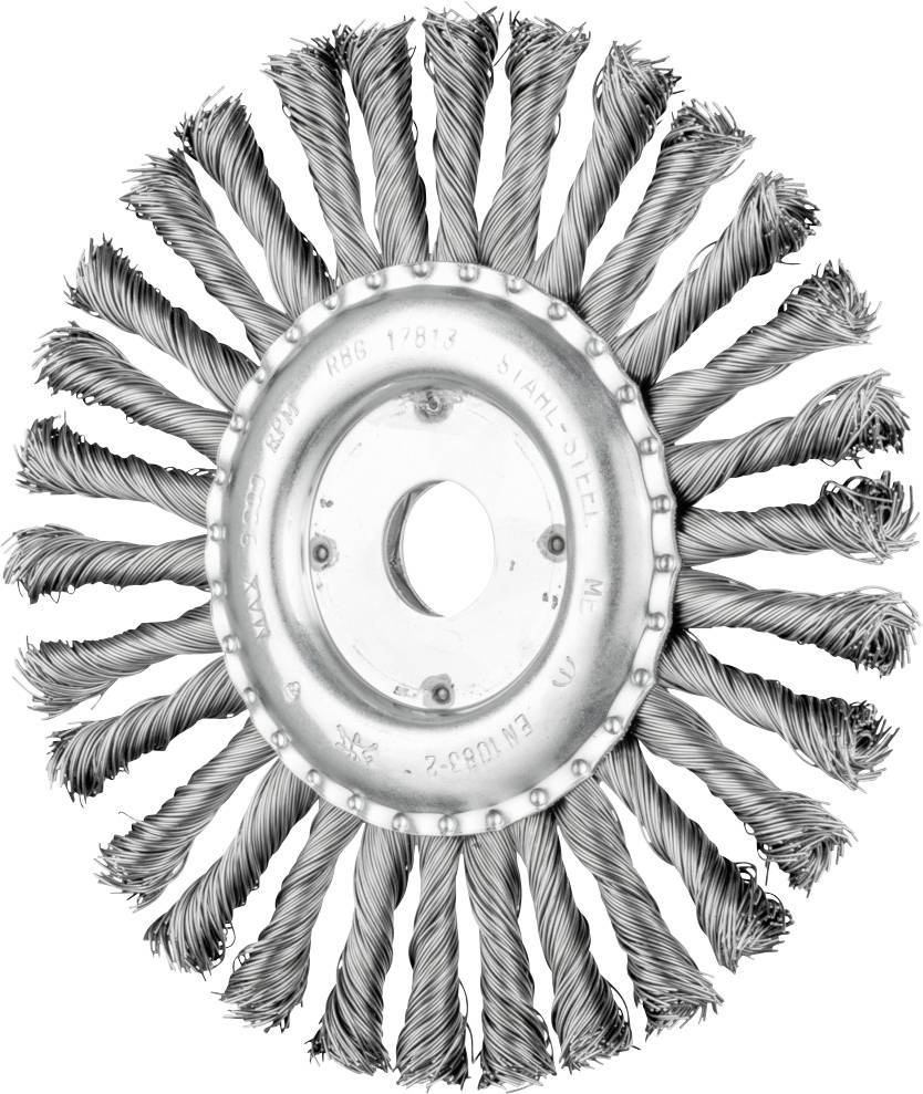 Eine runde Drahtbürste mit verdrehten Metallschleifen, die für Oberflächenreinigung oder Rostentfernung verwendet wird.