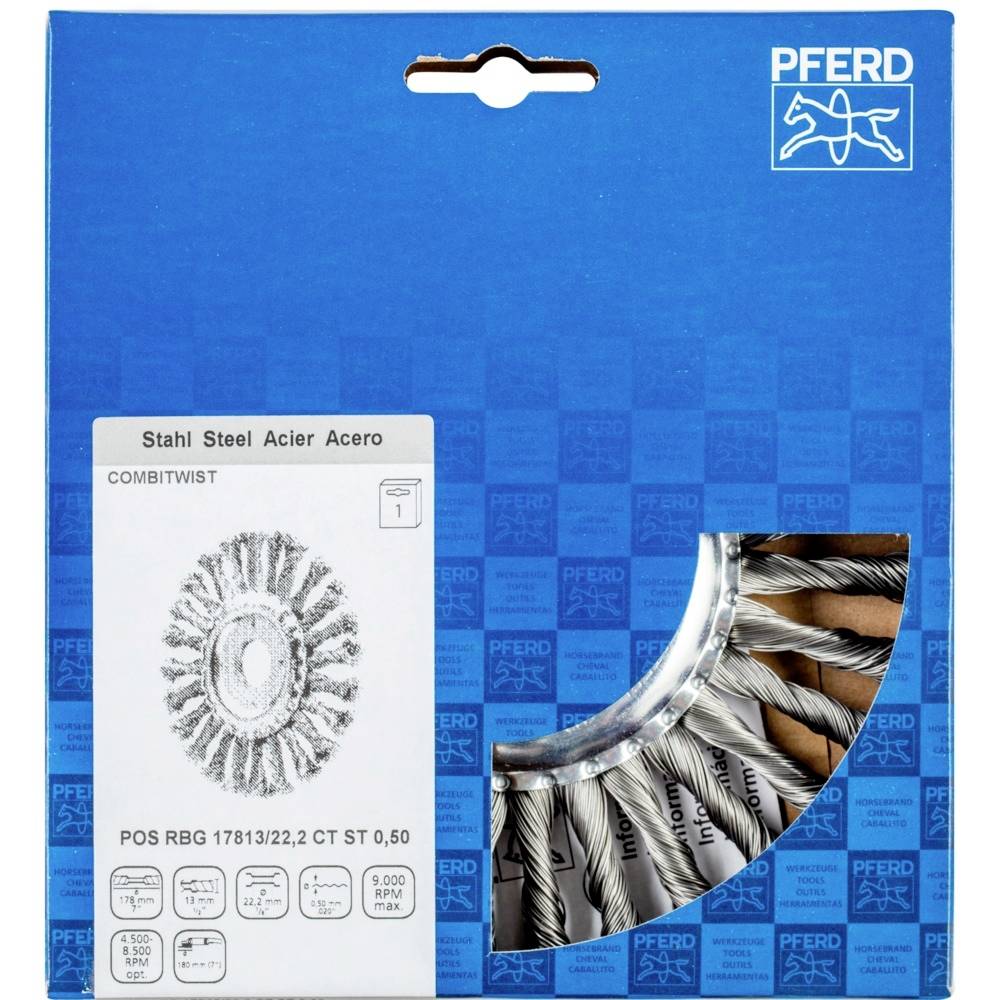 Verpackung einer Stahldrahtbürste der Marke Pferd. Zeigt ein Bild der Bürste, Produktinformationen und das Firmenlogo.