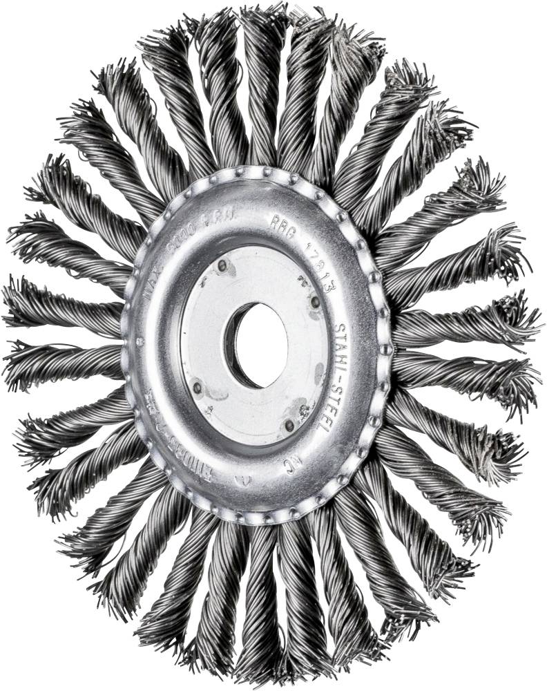 Eine kreisförmige Drahtbürste mit gedrehten Stahlborsten, die für die Reinigung oder das Abtragen von Materialien verwendet wird.