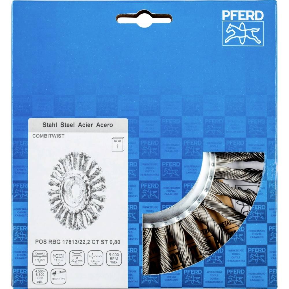 Verpackung einer Drahtbürste für Bohrmaschinen, Marke 'PFERD', designt für Stahlbearbeitung. Zeigt Produktbild und technische Spezifikationen.