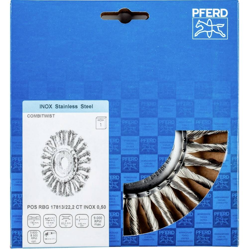 'PFERD INOX Stainless Steel Combiflex-Bürste', Verpackung zeigt eine Drahtbürste in Kreisform. Geeignet für Edelstahlbearbeitung.