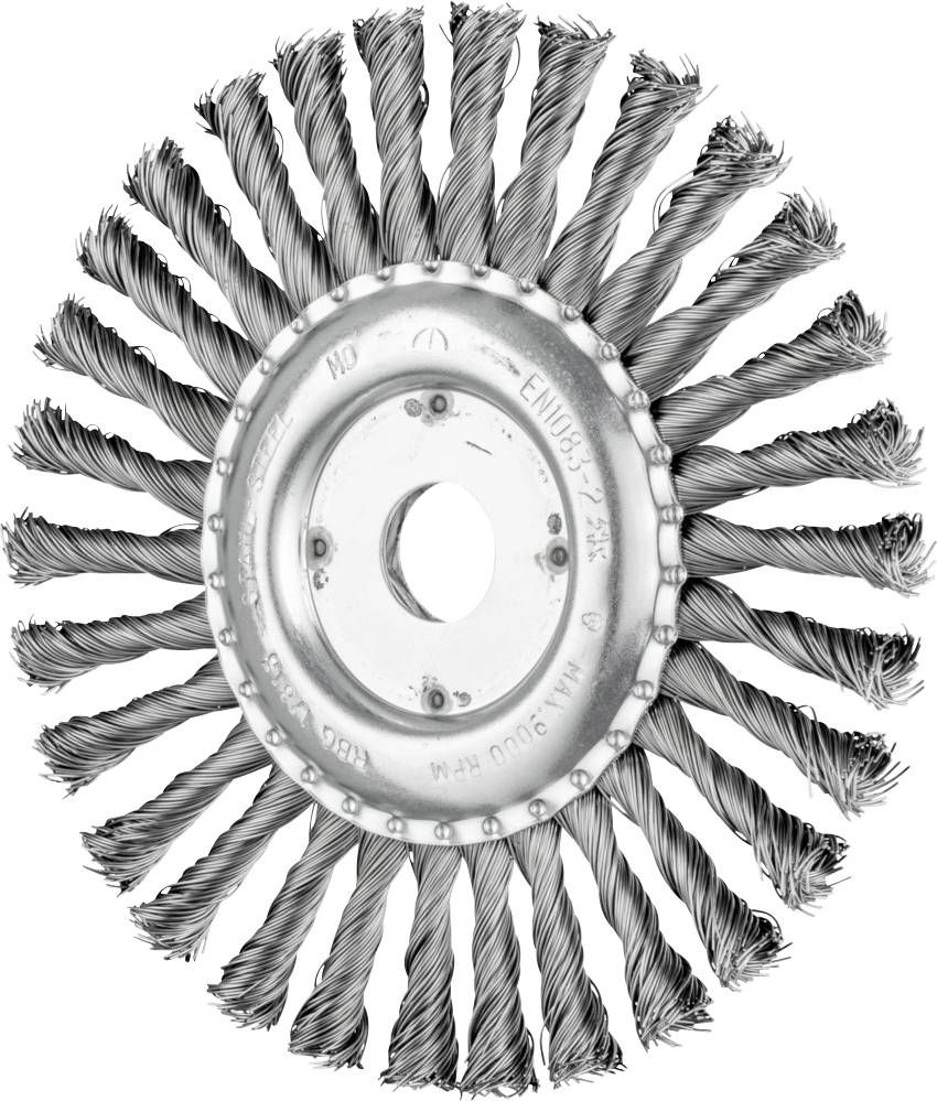 Runde Drahtbürste mit verdrehten Metallborsten, geeignet zum Reinigen von Metalloberflächen.