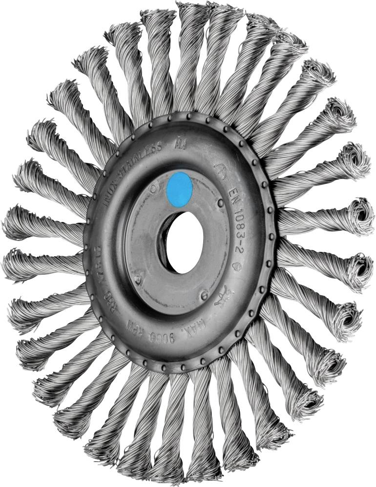 Drahtrundbürste mit Stahlborsten, ideal zum Entfernen von Rost und Farbe auf Metalloberflächen.