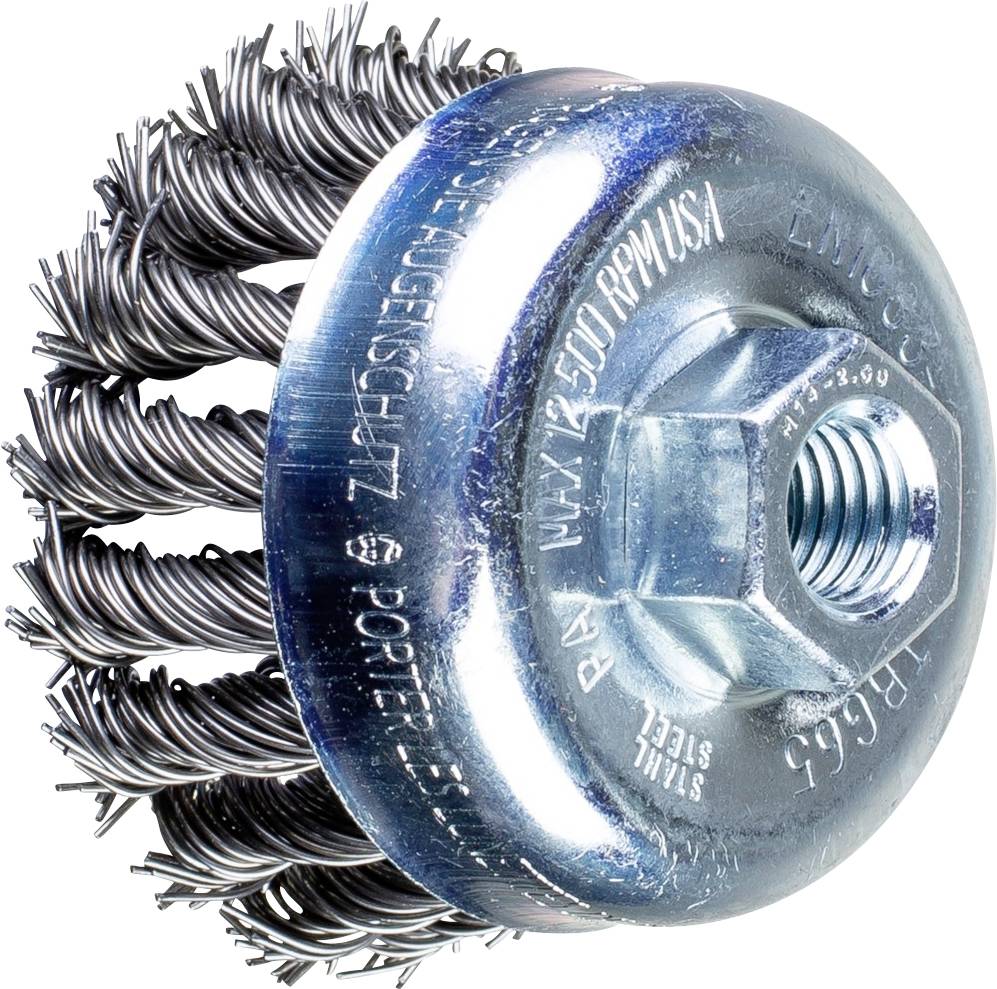 Stahlbürstenaufsatz mit dicken Drahtborsten, geeignet für die Reinigung von Metalloberflächen.