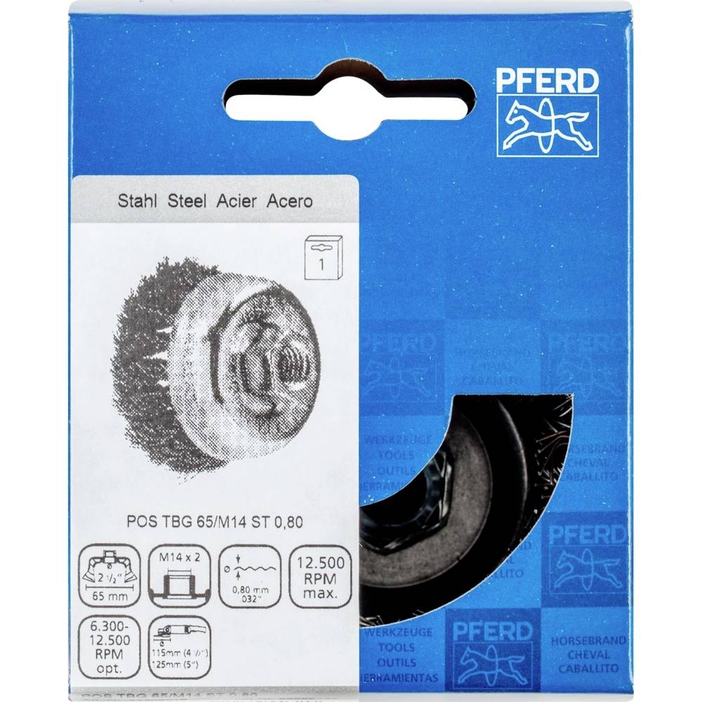 Verpackung einer Drahtbürste mit Aufschrift Stahl, M14 Gewinde, maximal 12.500 U/min.