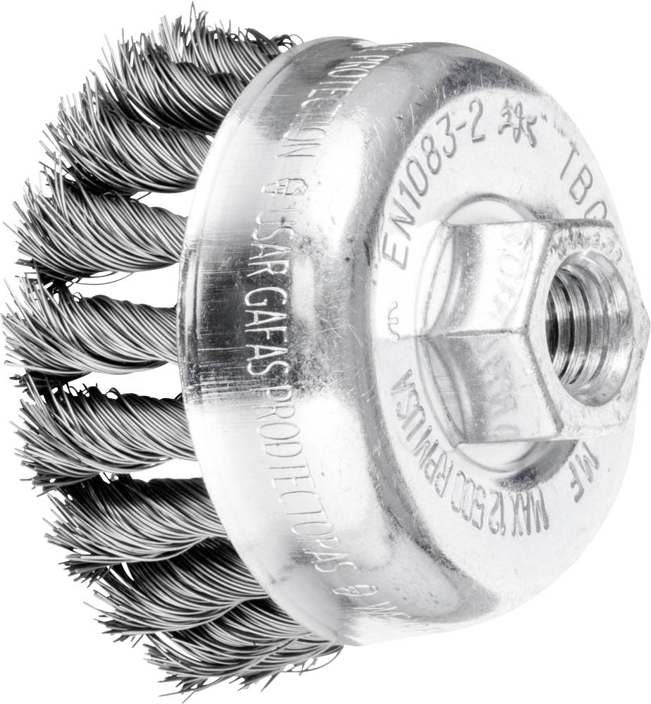 Metallbürstenvorsatz mit geflochtenen Stahlborsten und zentraler Befestigungsschraube. Geeignet zur Entfernung von Rost oder Farbe.
