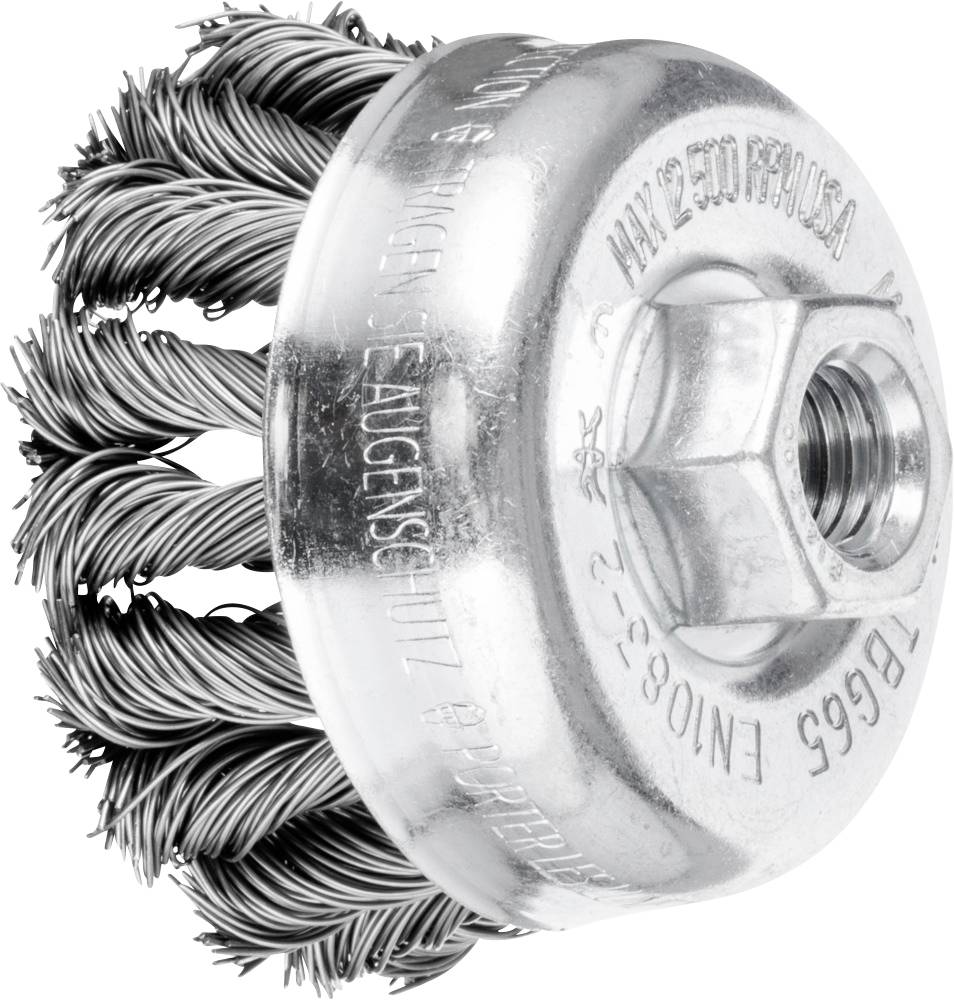 Runde Drahtbürste mit metallischen Borsten und Gewinde am oberen Rand. Geeignet zum Entfernen von Rost oder Farbe von Metalloberflächen.