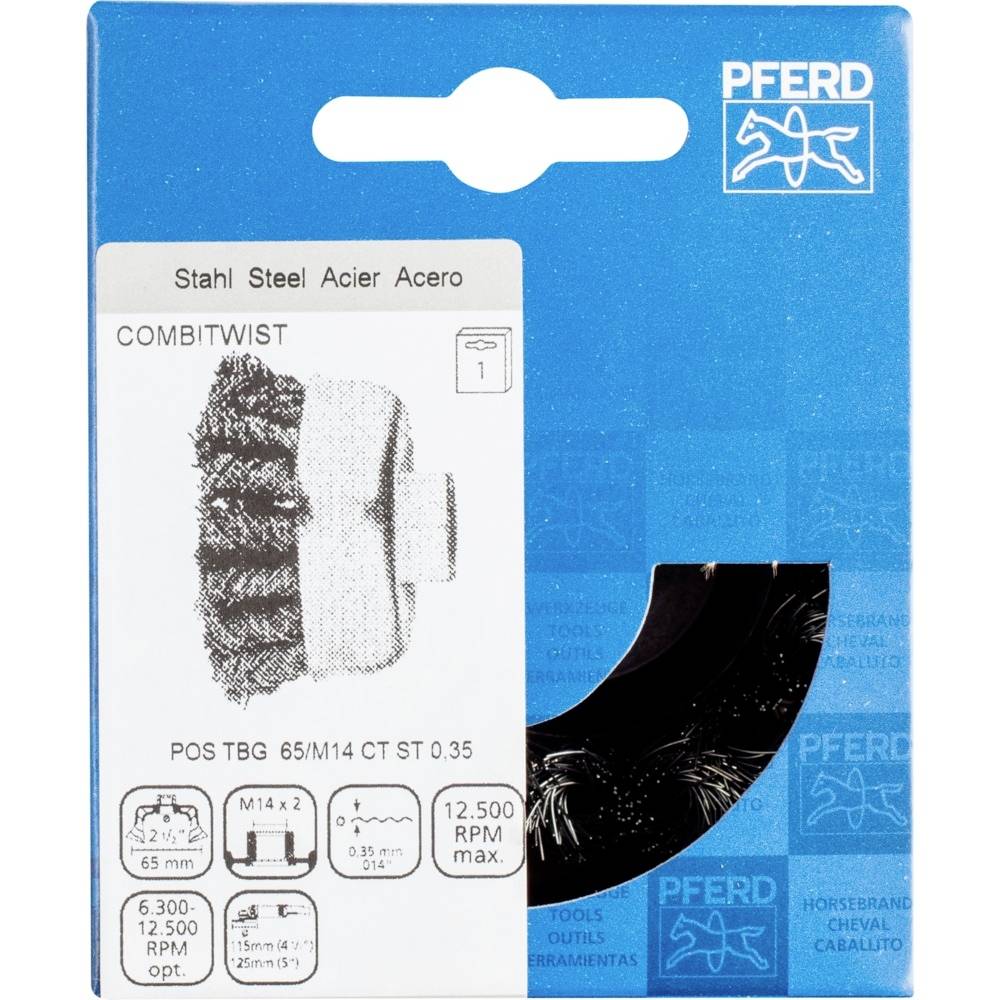 Verpackung eines Pferd Combitwist Stahlbürstenaufsatzes für Winkelschleifer, geeignet für 12.500 U/min, mit M14 x 2 Gewinde.