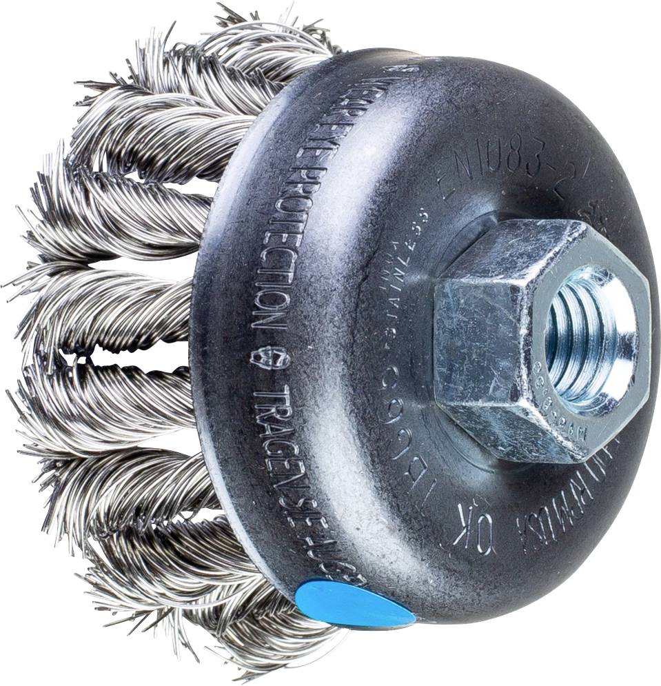 Drahtbürstenaufsatz aus Stahl mit spiraligen Borsten und Sechskant-Schraubbefestigung. Geeignet für die Entfernung von Rost und Farbe.