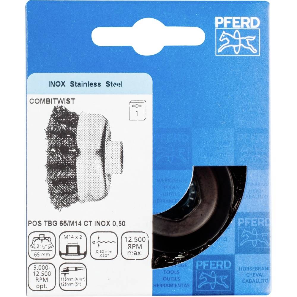 PFERD Combitwist Bürstenkopf, Edelstahl, für M14 Gewinde, Drehzahl bis 12.500 U/min, Durchmesser 65 mm.
