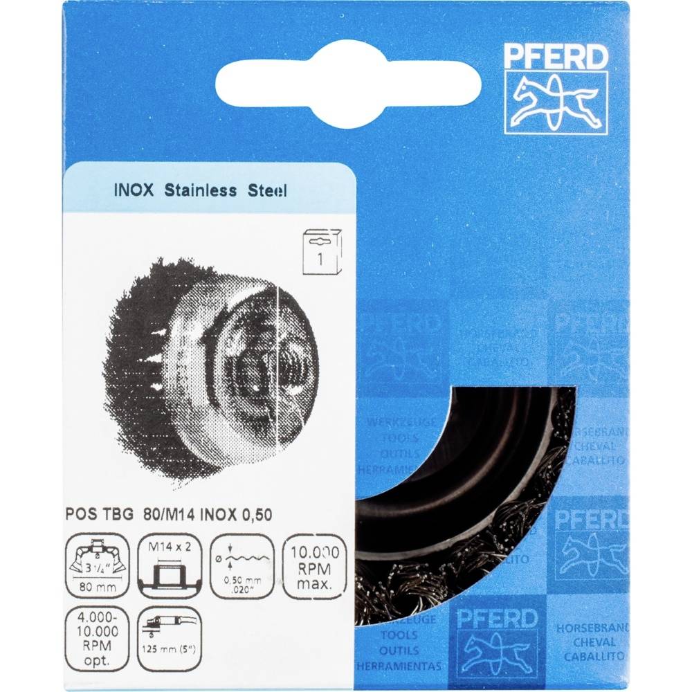 Ein Produktbild von 'PFERD INOX Stainless Steel' mit technischen Spezifikationen: 80 mm Durchmesser, 0,50 mm Stahldraht, max. 10.000 U/min.