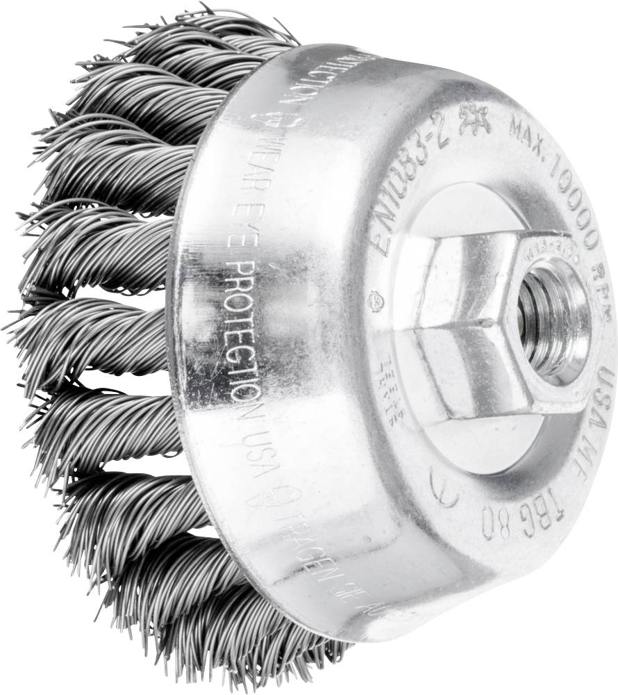 Drahtbürstenaufsatz mit gedrehten Stahldrahtborsten und Metallhalterung, geeignet für Bohrmaschinen zur Reinigung und Rostentfernung.