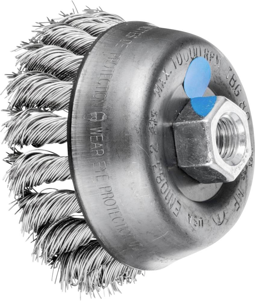 Drahtbürstenaufsatz mit verdrehten Stahlborsten zur Verwendung mit einer Bohrmaschine, ideal zum Entfernen von Rost und Farbe.