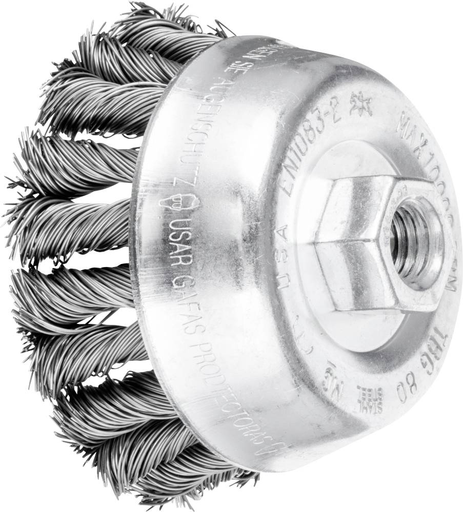 Eine runde Drahtbürste mit verdrehten Drahtborsten und einer zentralen Befestigungsmutter. Geeignet für Reinigungs- und Schleifarbeiten.