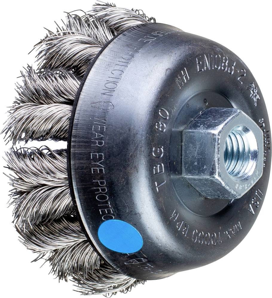 Stahl-Bürstenaufsatz für Bohrmaschinen, bestehend aus gewundenen Metallborsten und einer zentralen Schraubverbindung.