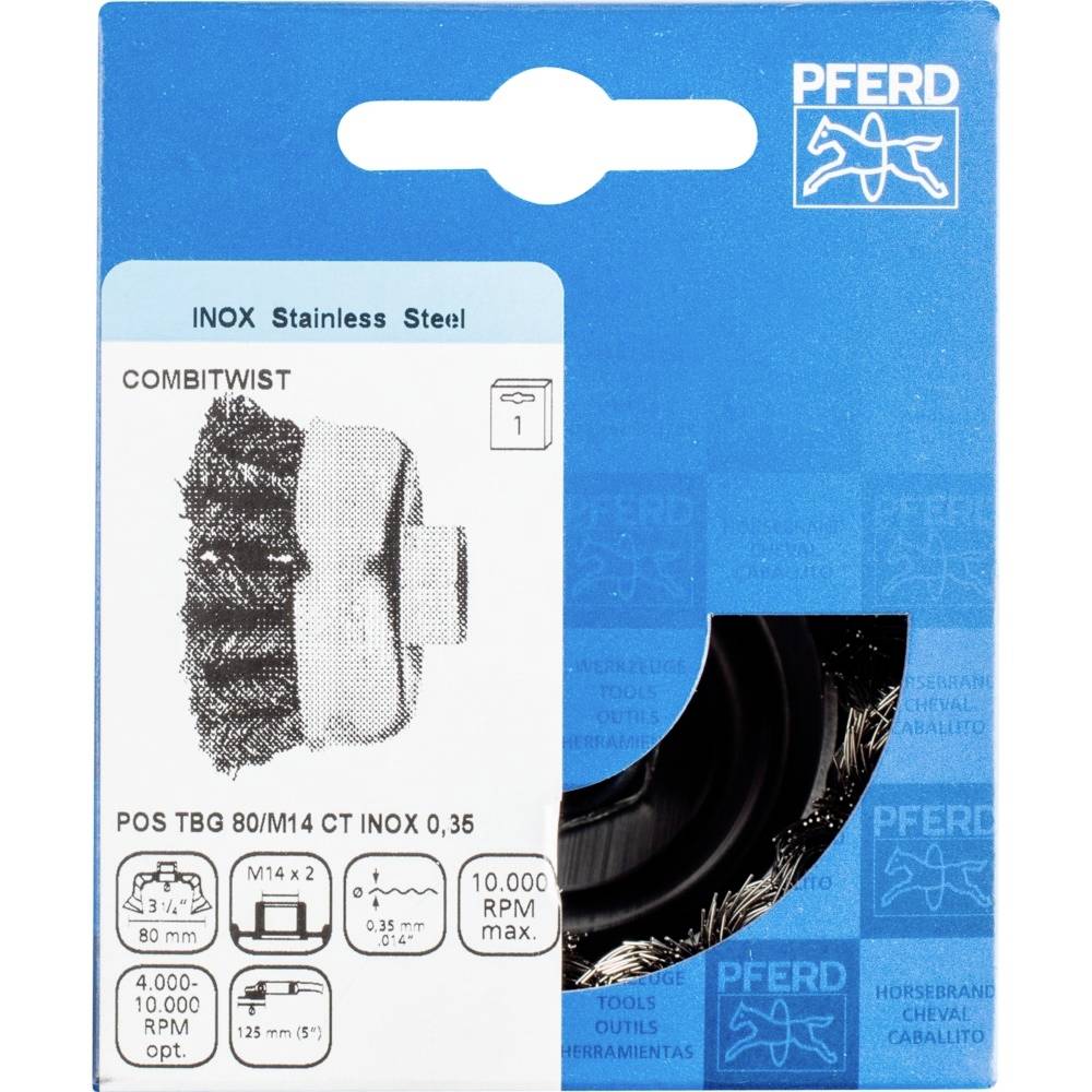 'PFERD COMBITWIST INOX Stainless Steel' Bürstkopf-Produktverpackung. Zeigt eine Zeichnung des Bürstkopfs und technische Spezifikationen.