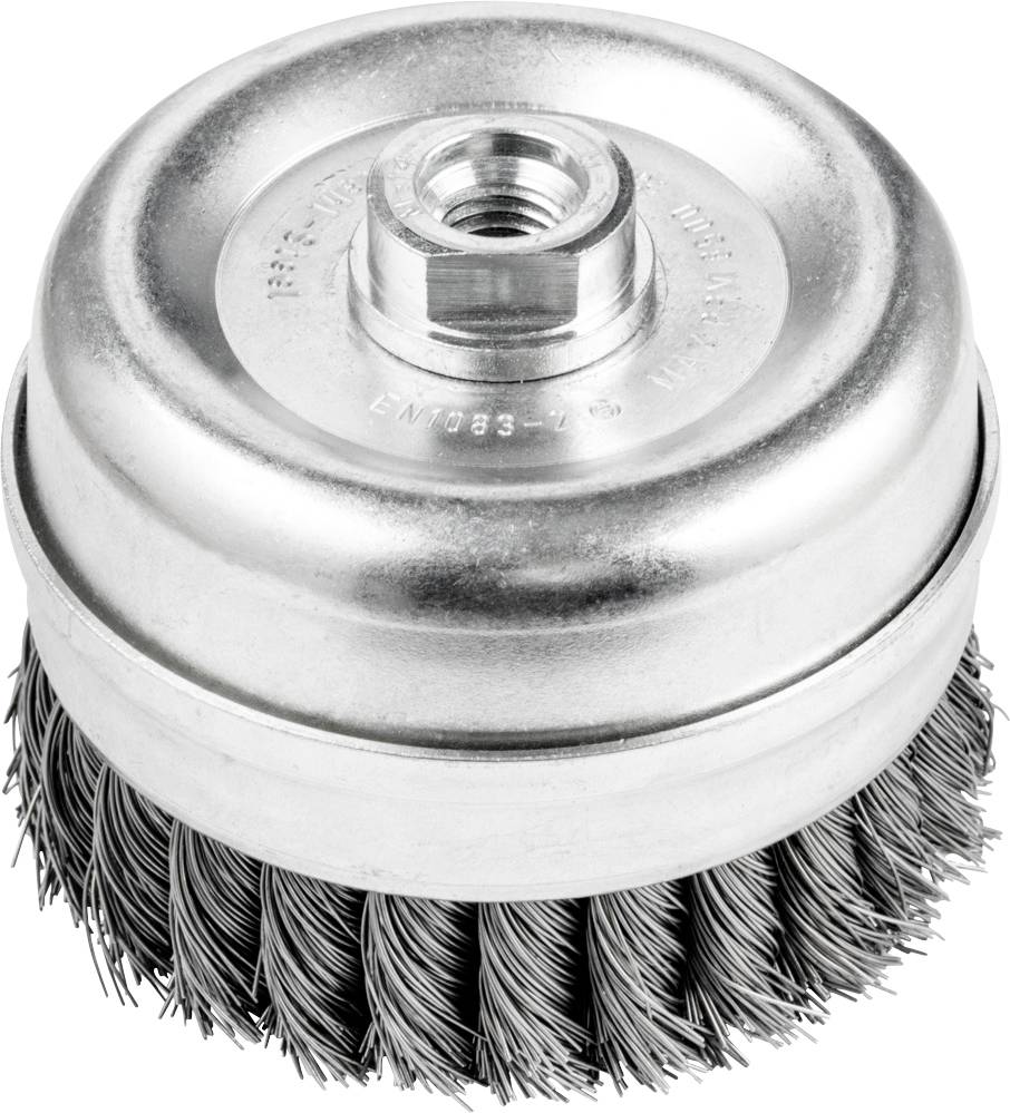 Runde Topfbürste aus Metall mit dichten Stahldrahtborsten, geeignet für das Entfernen von Rost und Farbe an Metalloberflächen.