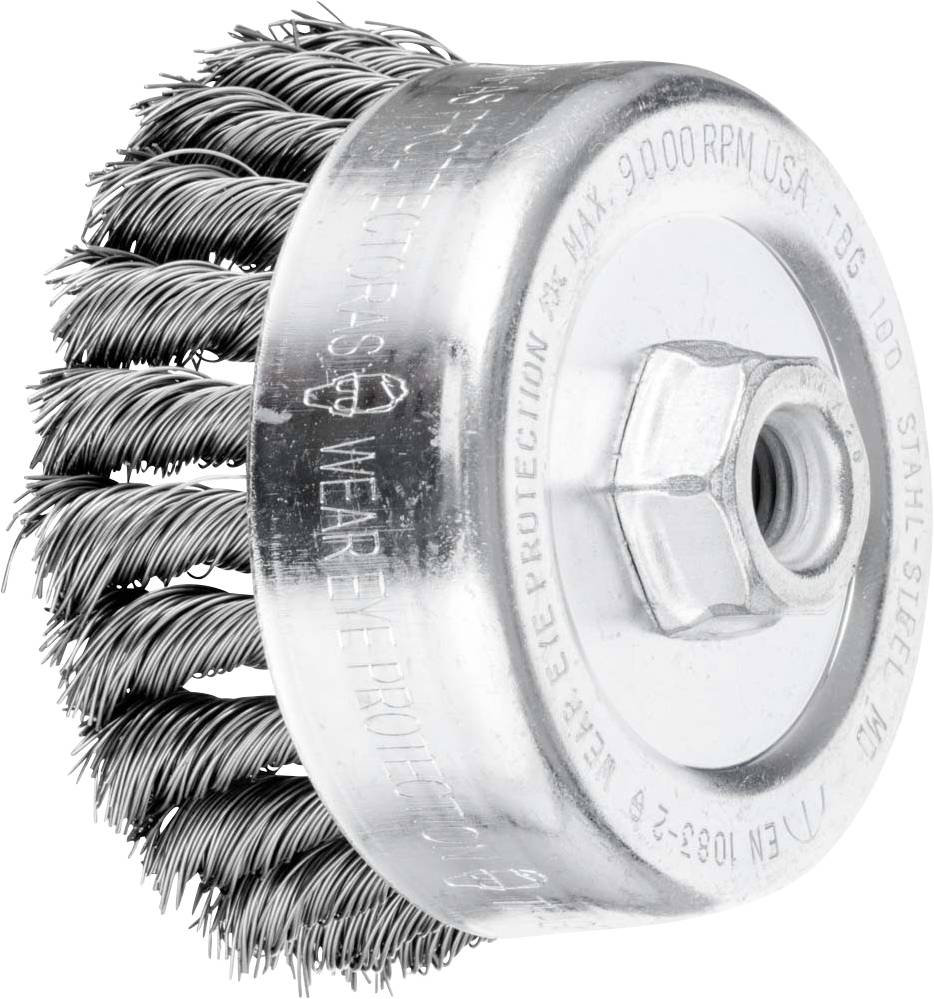 Drahtbürstenaufsatz aus Metall mit gedrehten Borsten, geeignet für Reinigung und Entfernung von Rost oder Farbe auf Oberflächen.