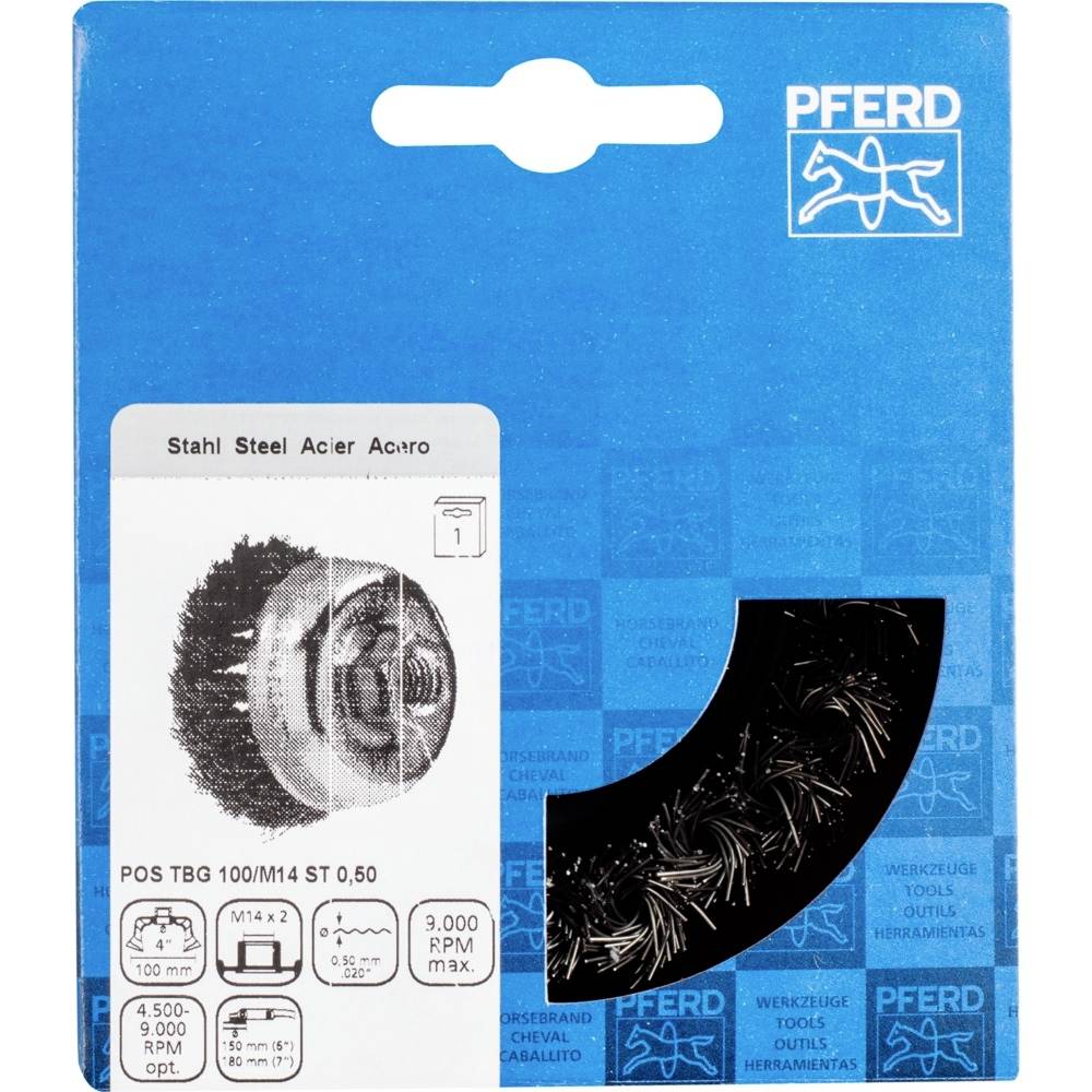 Verpackung einer Stahlbürste von PFERD mit technischen Details über Durchmesser, Drehgeschwindigkeit und Verwendungsvorschlägen.