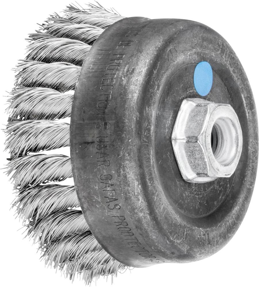 Runde Drahtbürste mit Metallborsten und Sechskantmutter in der Mitte, geeignet zur Metallentfernung, Politur und Rostentfernung.