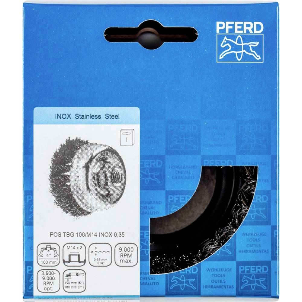 Verpackung für eine Edelstahl-Bürste der Marke Pferd. Enthält Bild der Bürste, technische Spezifikationen und Logos auf blauem Hintergrund.