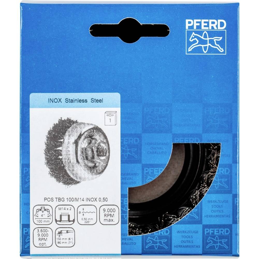 Eine blaue Verpackung für einen Edelstahl-Drahtbürstentopf mit M14 x 2 Gewinde. Maximal 9.000 RPM. Marke: Pferd.