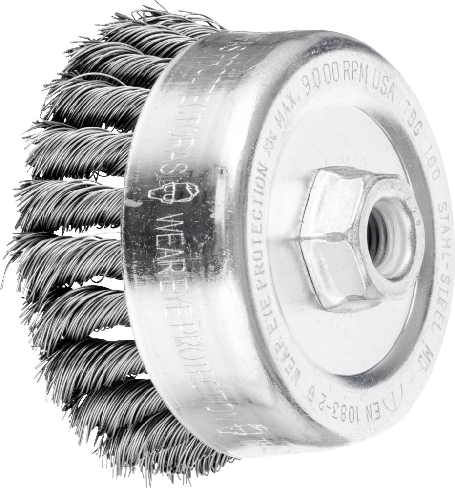 Runde Drahtbürste mit Metallborsten und silberner Kappe, geeignet für Bohrmaschinen zur Reinigung oder Entrostung von Oberflächen.