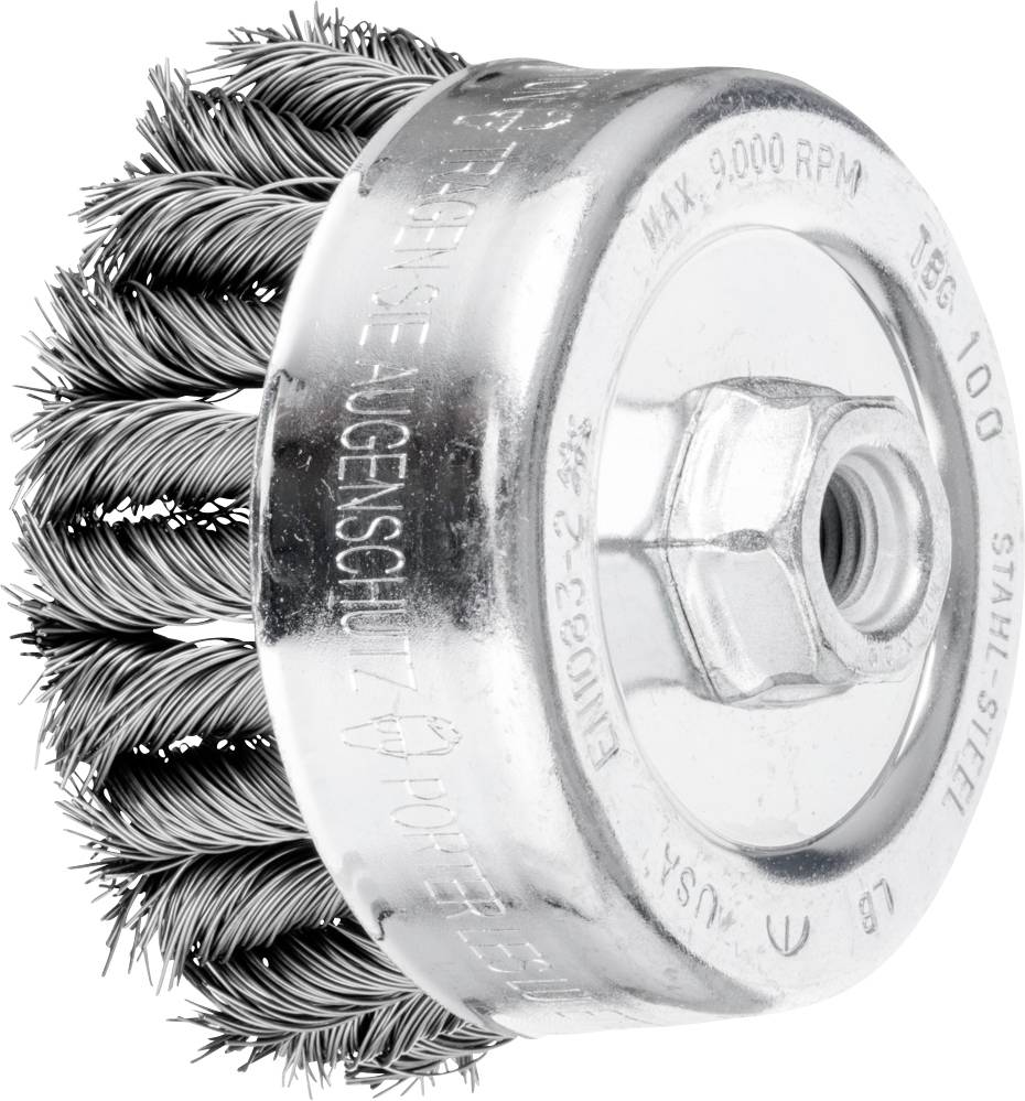 Runde Drahtbürste aus Stahl, geeignet für die Montage auf Maschinen. Maximal 9.000 U/min. Eng mit Drähten gefüllt für intensive Reinigung.