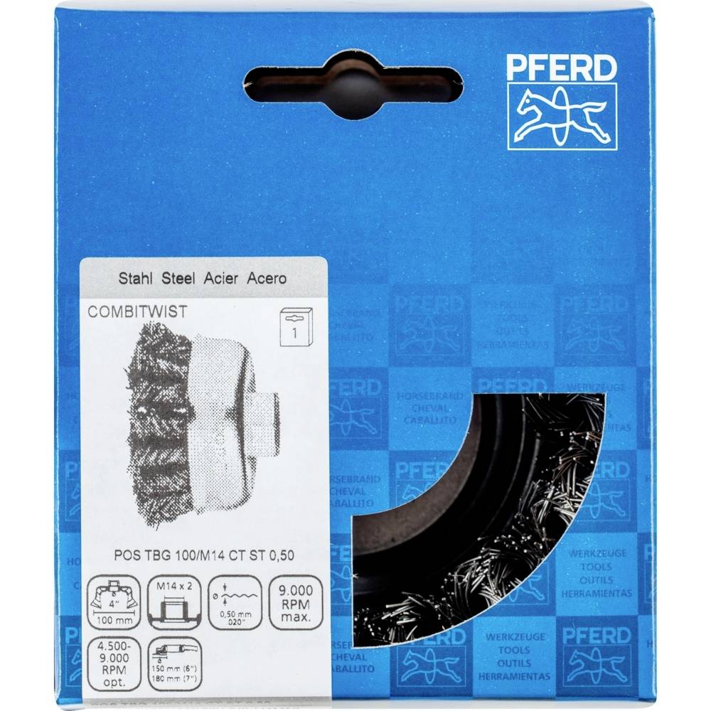 'PFERD Drahtbürste, Kombischeibe' in blauem Karton. Enthält technische Spezifikationen: 4.500 - 9.000 RPM, TBG 100/M14 CT ST 0,50.
