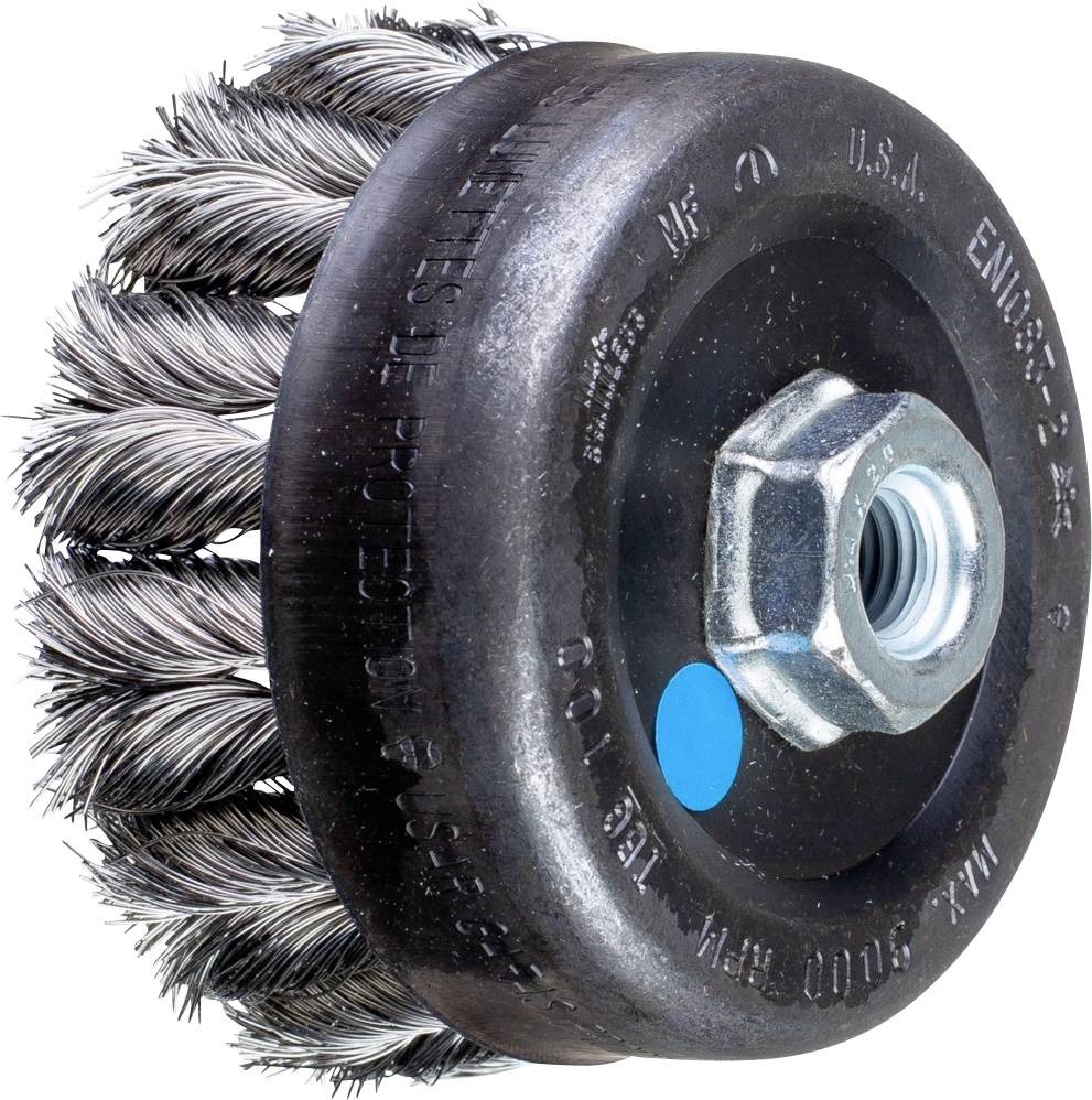 Eine runde Drahtbürste mit Metallborsten und montierbarem Gewinde. Verwendet für Reinigungs- oder Schleifarbeiten auf Oberflächen.