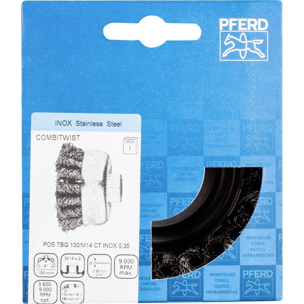 Verpackung eines Drahtbürstenaufsatzes aus Edelstahl der Marke PFERD. Geeignet für Winkelschleifer, bis zu 9.000 U/min.