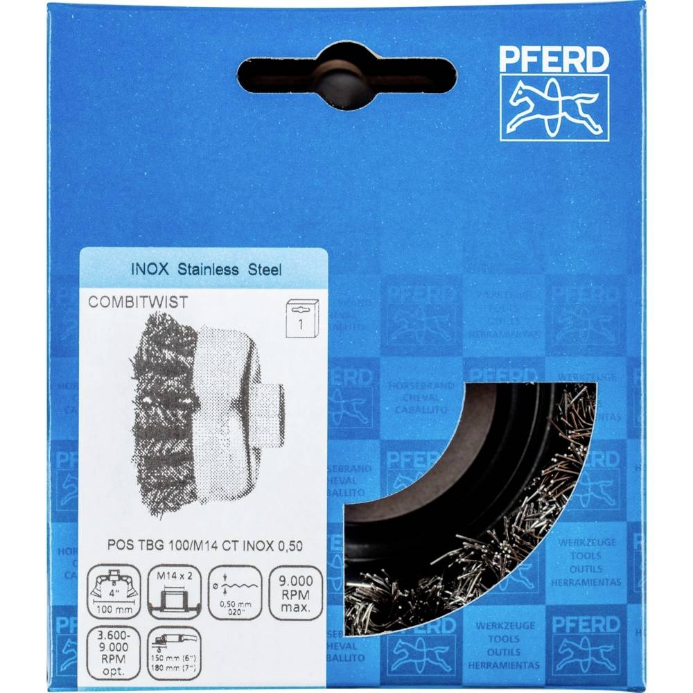 Verpackung einer Rundbürste für Edelstahl mit der Aufschrift 'COMBITWIST'. Maximale Drehzahl 9.000 U/min. Hersteller: PFERD.