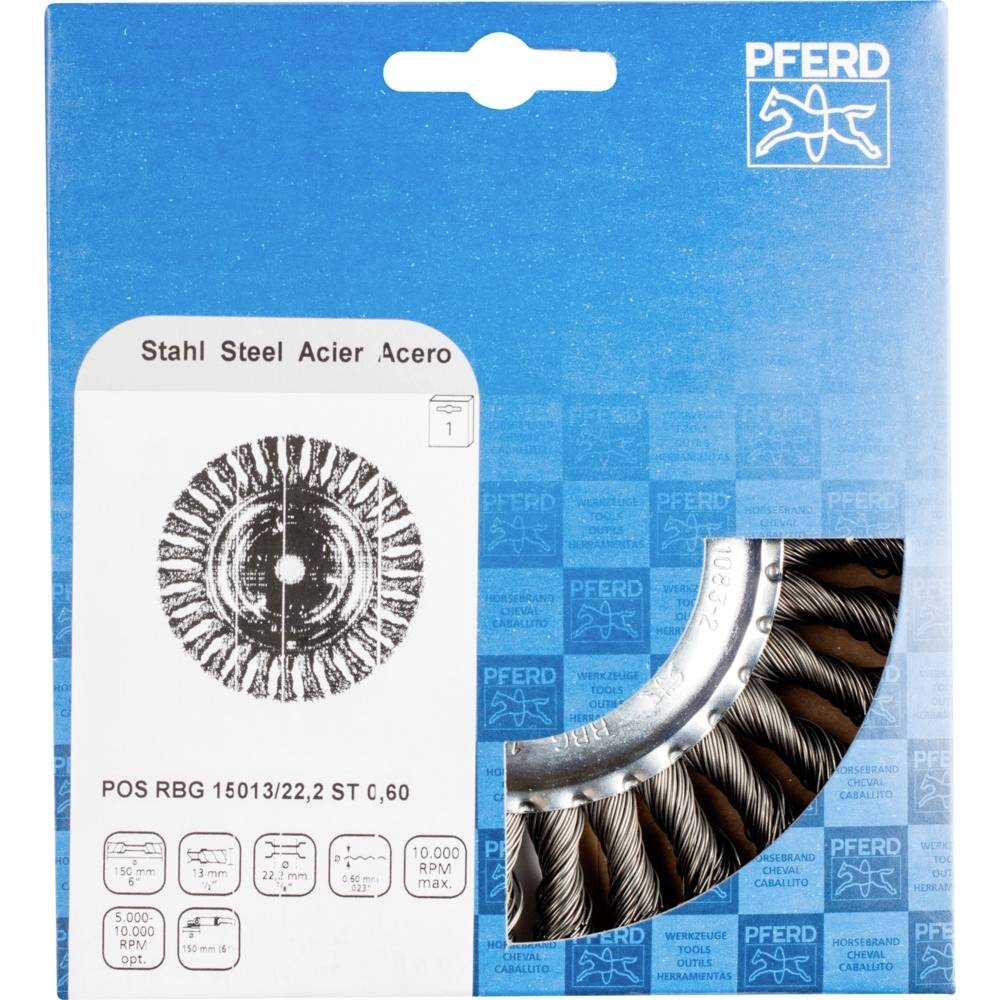 'Stahl RBG 15013/22,2 ST c,60' Drahtbürste auf Verpackung mit Bild der Bürste. Marke PFERD, maximale Umdrehung 10.000 RPM.