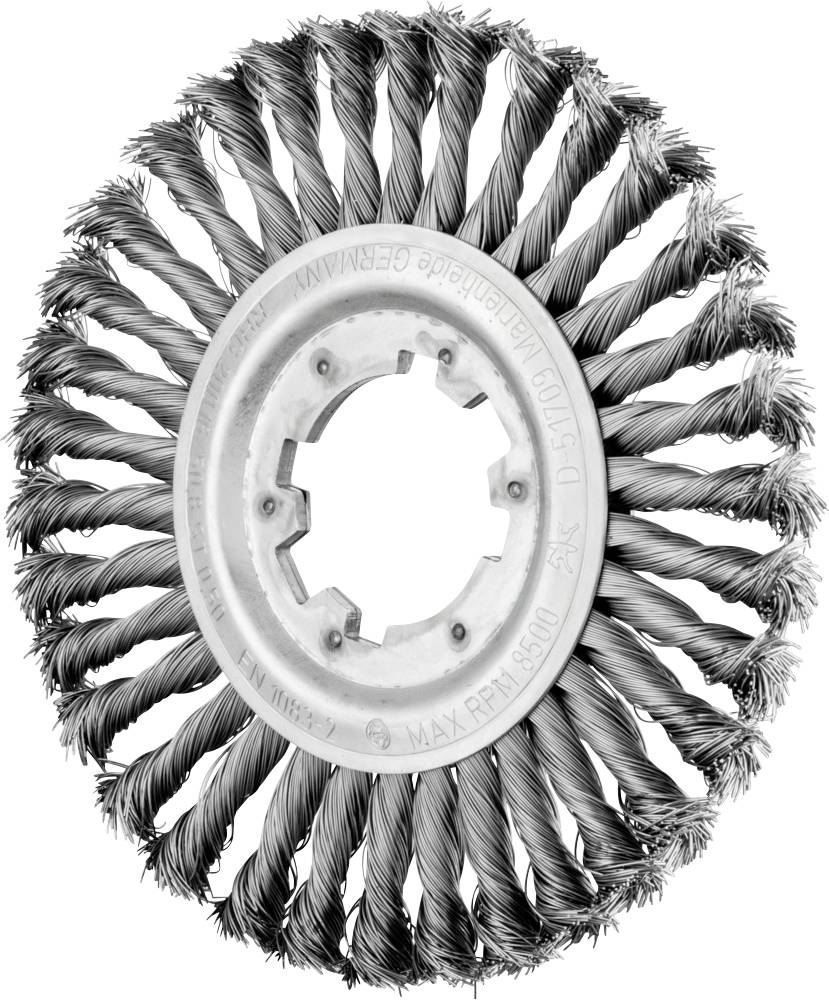 Runde Drahtbürste mit verdrehten Metallborsten, die in einem Kreis angeordnet sind. Werkzeug zur Oberflächenreinigung oder -vorbereitung.