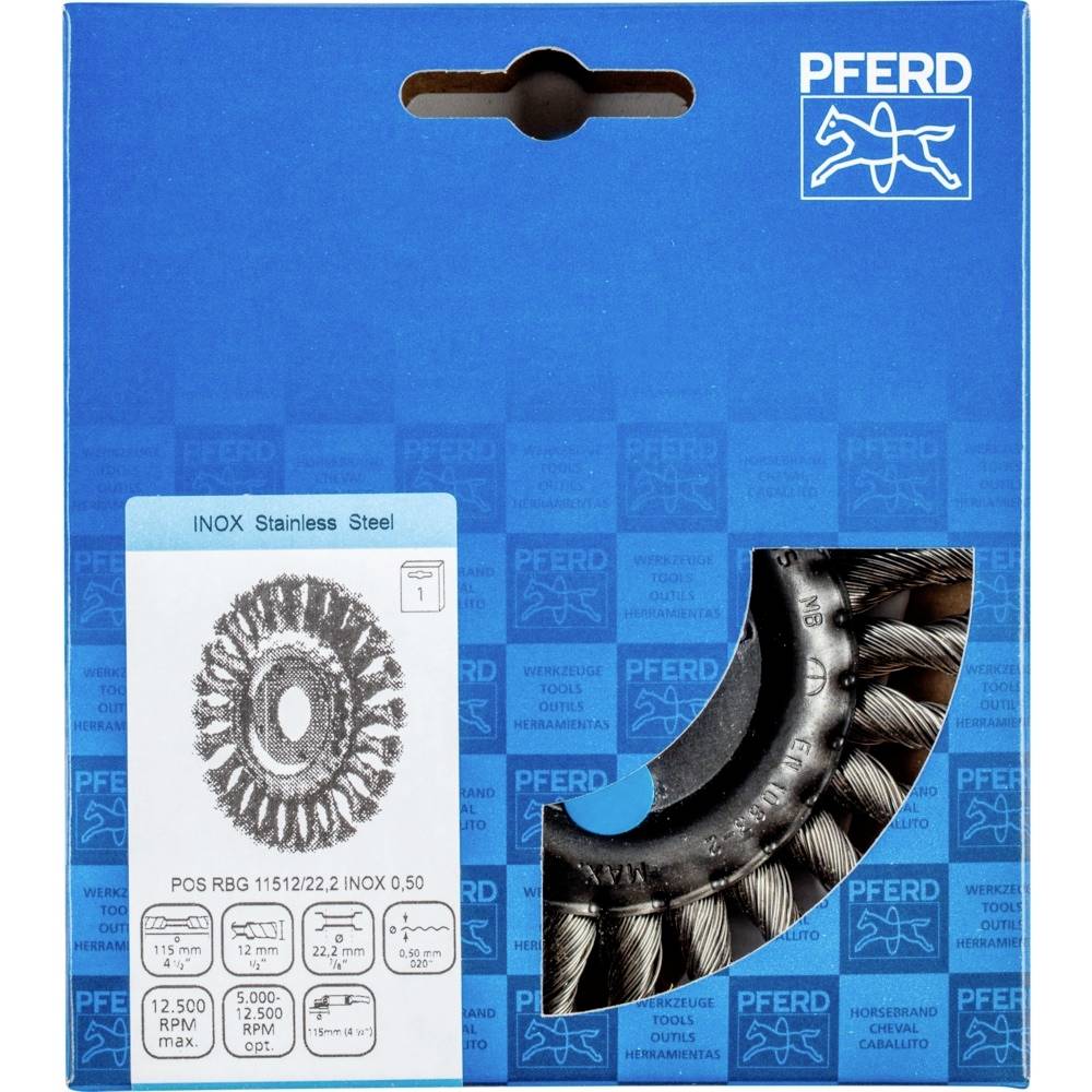 PFERD RB6 Rundbürste aus Edelstahl, 115 mm, max. 12.500 U/min. Verpackung zeigt Produktbild, Markenlogo und technische Details.
