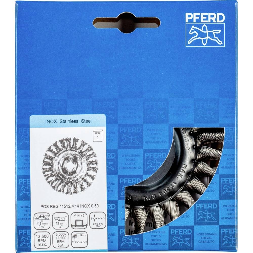 Verpackung einer Pferd Edelstahl-Drahtbürste, Modell INOX 115/22 M14, 0,50. Abgebildet sind Produktinfos und ein Foto der Bürste.