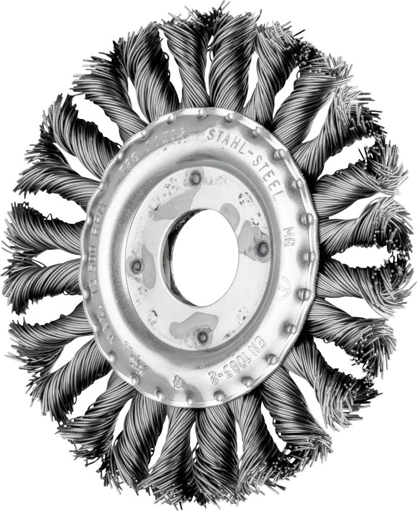 Eine runde Drahtbürste aus Stahl mit gedrehten Borsten, geeignet für das Entfernen von Farbe und Rost auf Metalloberflächen.