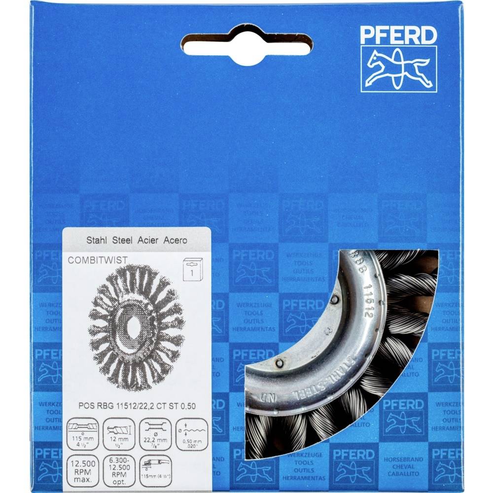 'PFERD COMBITWIST Stahldrahtbürste, 115mm, RBG 7X1, M14x2,0, 0,50mm Drahtstärke', in einer blauen Verpackung gezeigt.