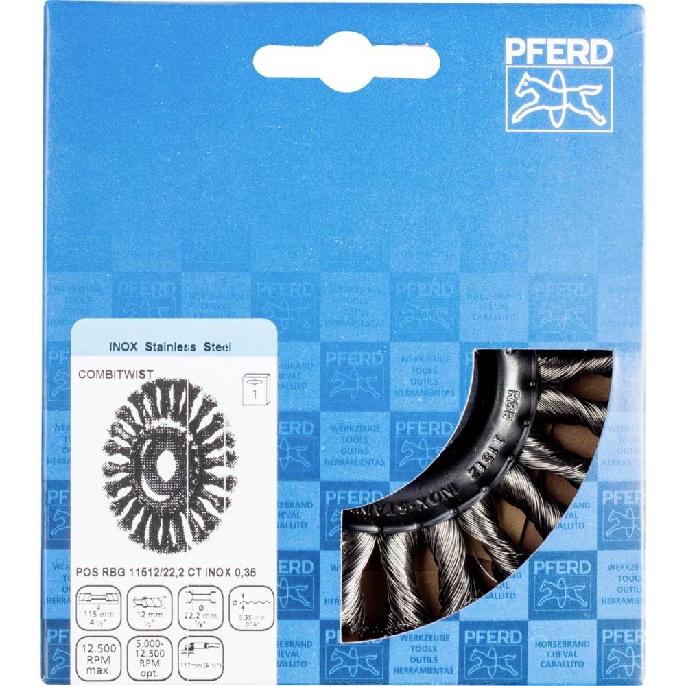 Bild einer Verpackung mit Rundbürste aus Edelstahl, Marke 'PFERD'. Verpackung zeigt Bürstenbild und technische Spezifikationen wie '12.500 RPM max'.